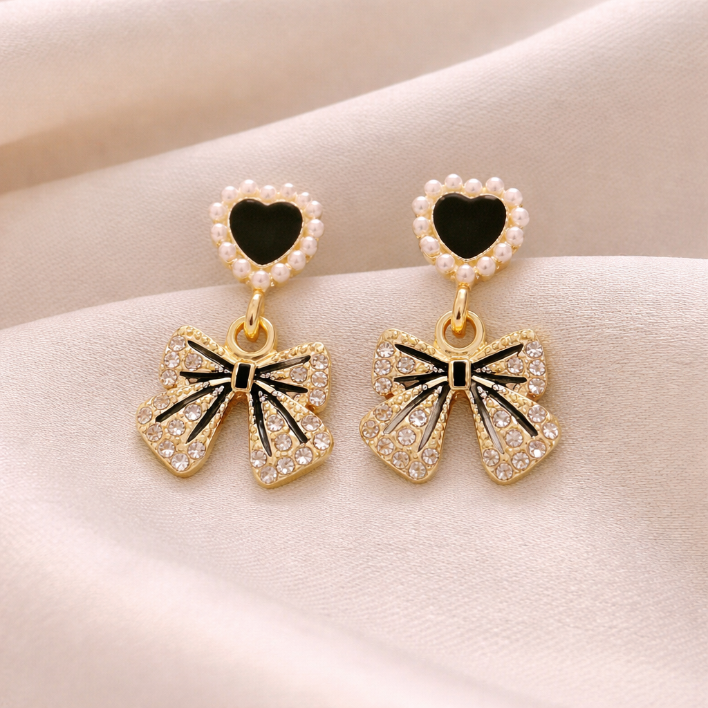 Pearl Heart Bow Drop Earrings