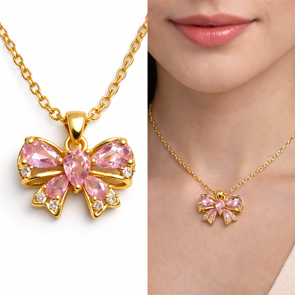 Zariona Pink Crystal Bow Pendant Necklace | Gold-Plated Elegant Designer Pendant for Women