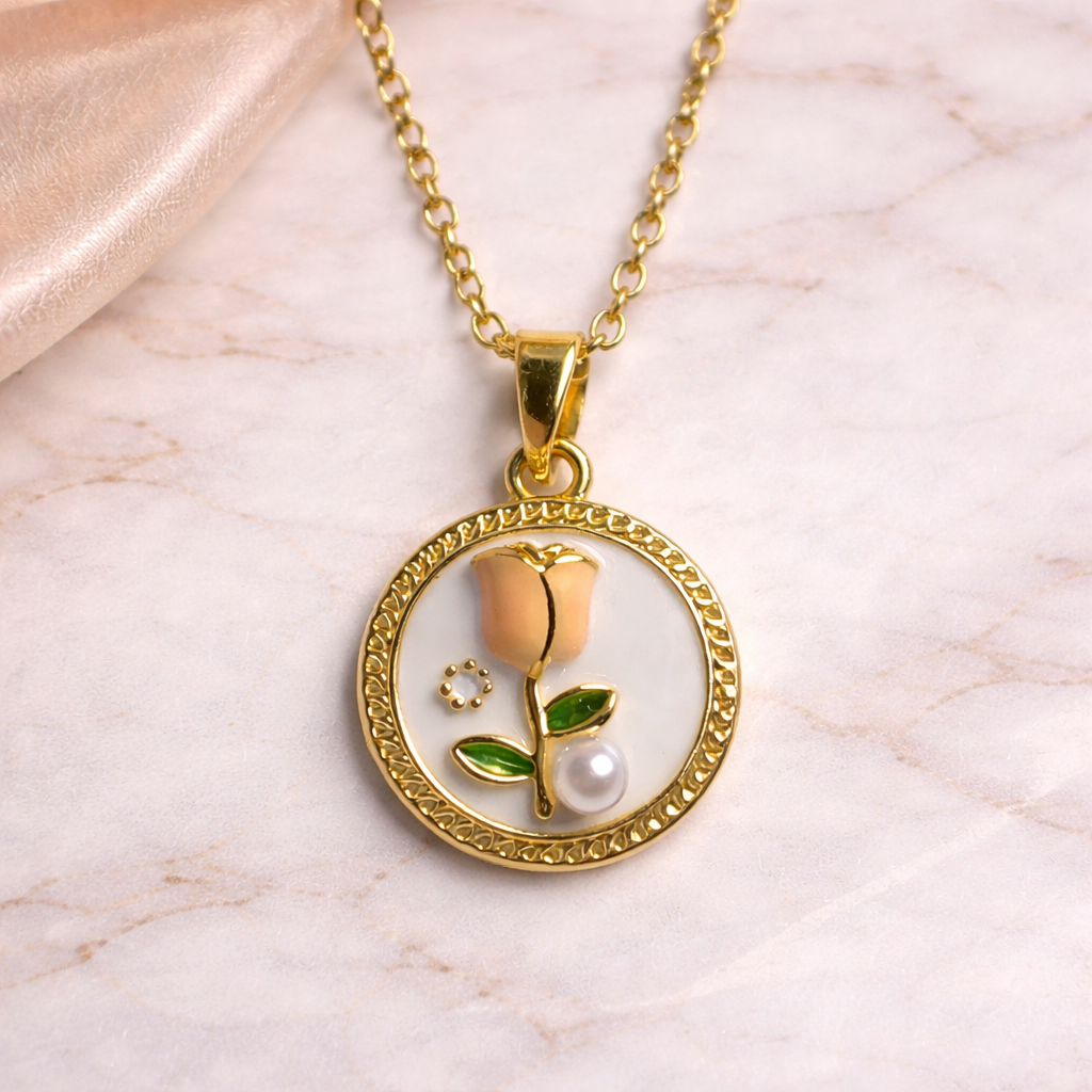 Gold-Tone Rose Circle Pendant Necklace with Pearl Accent (Stainless Steel)
