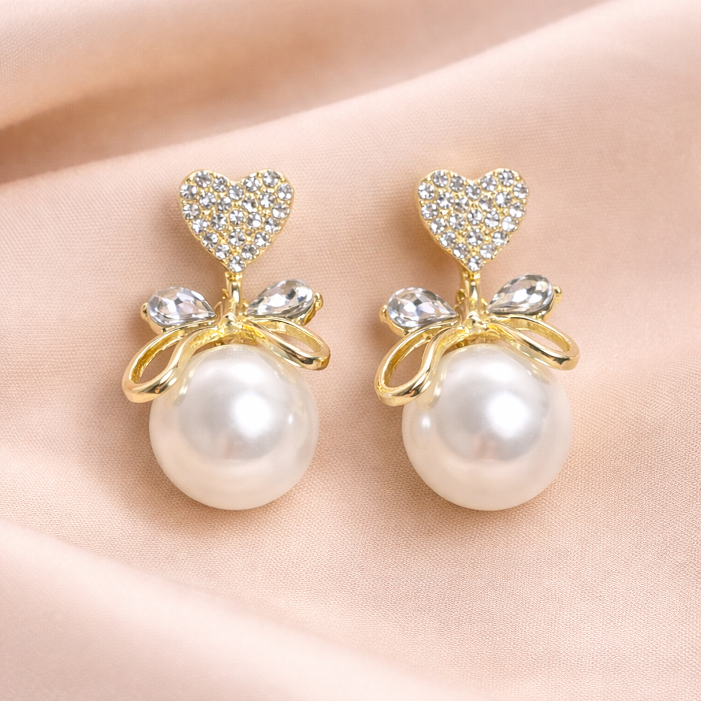 Crystal Heart Pearl Drop Earrings