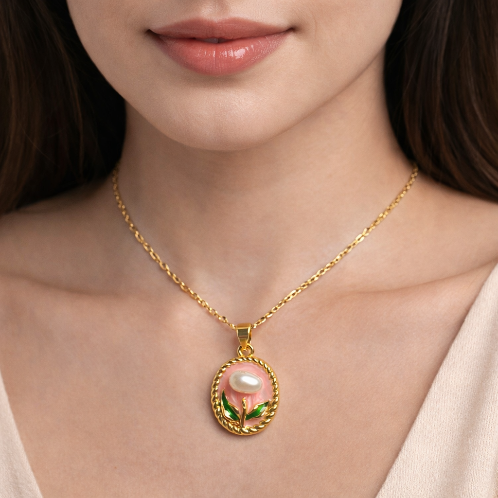 Zariona Elegant Pearl Floral Oval Pendant Necklace for Women | Gold-Tone Chain | Premium Statement Jewelry