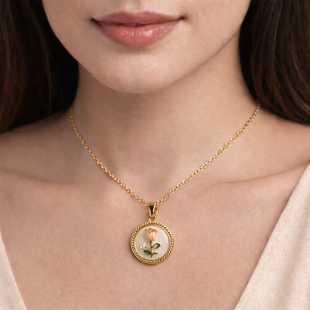 Gold-Tone Rose Circle Pendant Necklace with Pearl Accent (Stainless Steel)