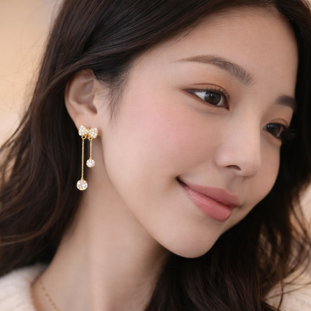 Korean Bow Crystal Drop Earrings – Gold Plated Dangle Design