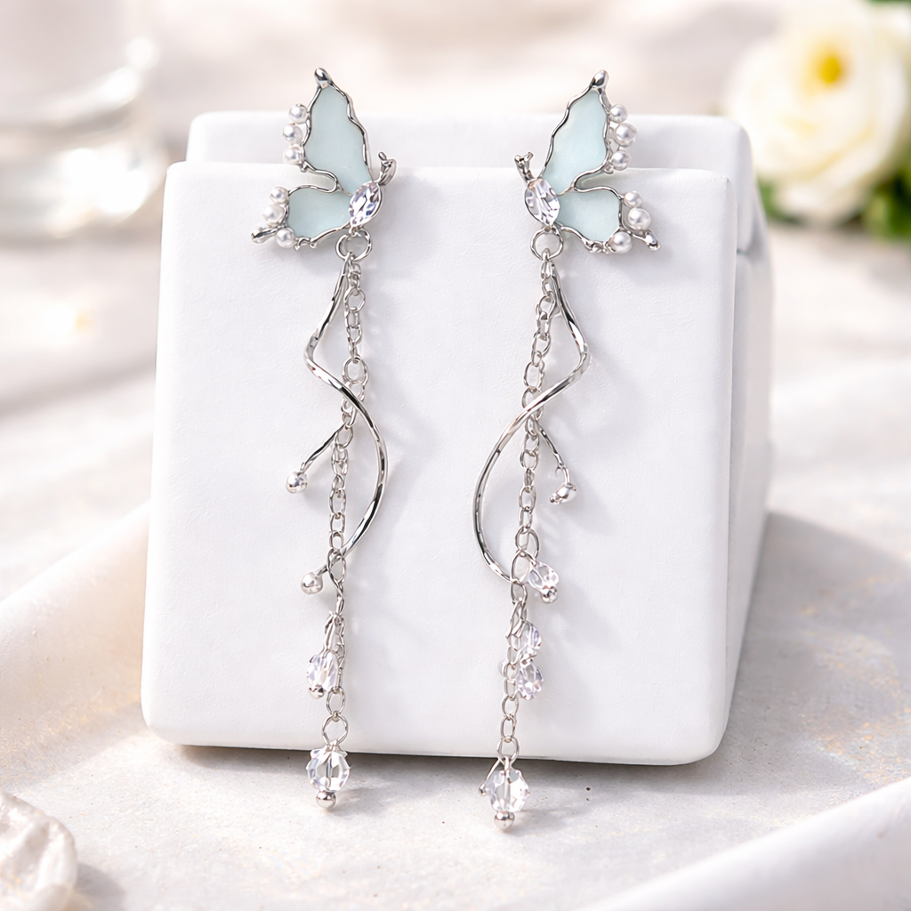Zariona  Butterfly Crystal Pearl Dangler Earrings – Silver Finish