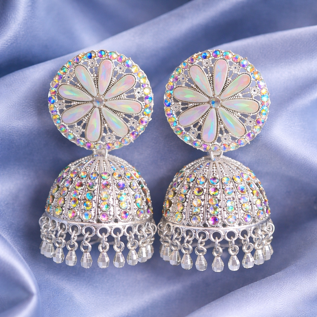 Zariona Prism Bloom Silver Jhumka Earrings