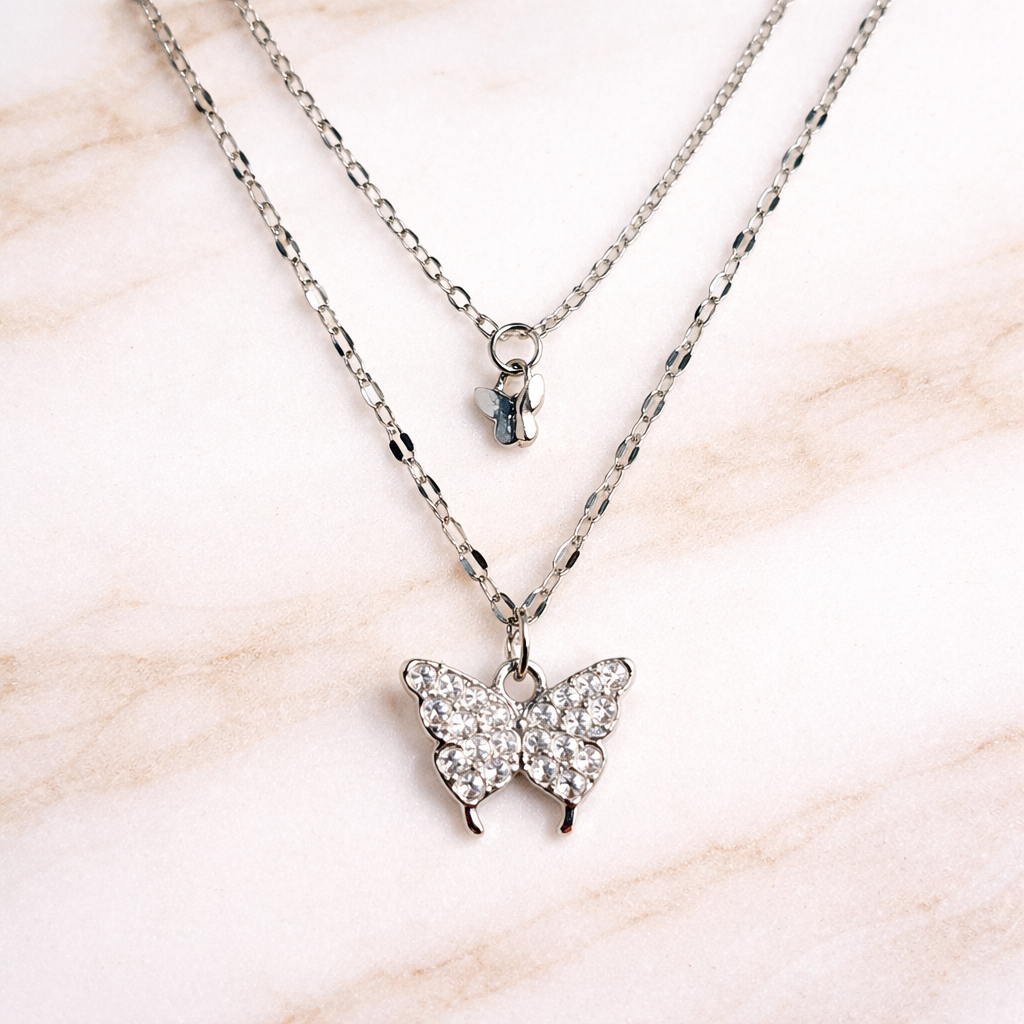Double Layer Crystal Butterfly Pendant Necklace