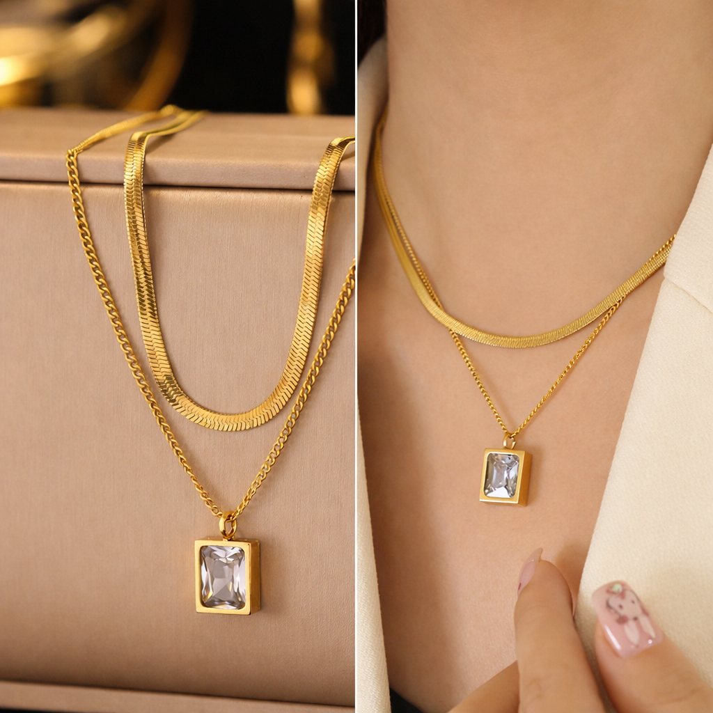 Layered Double Chain Rectangle Crystal Pendant Necklace for Women | Gold-Plated Elegant Minimalist Design