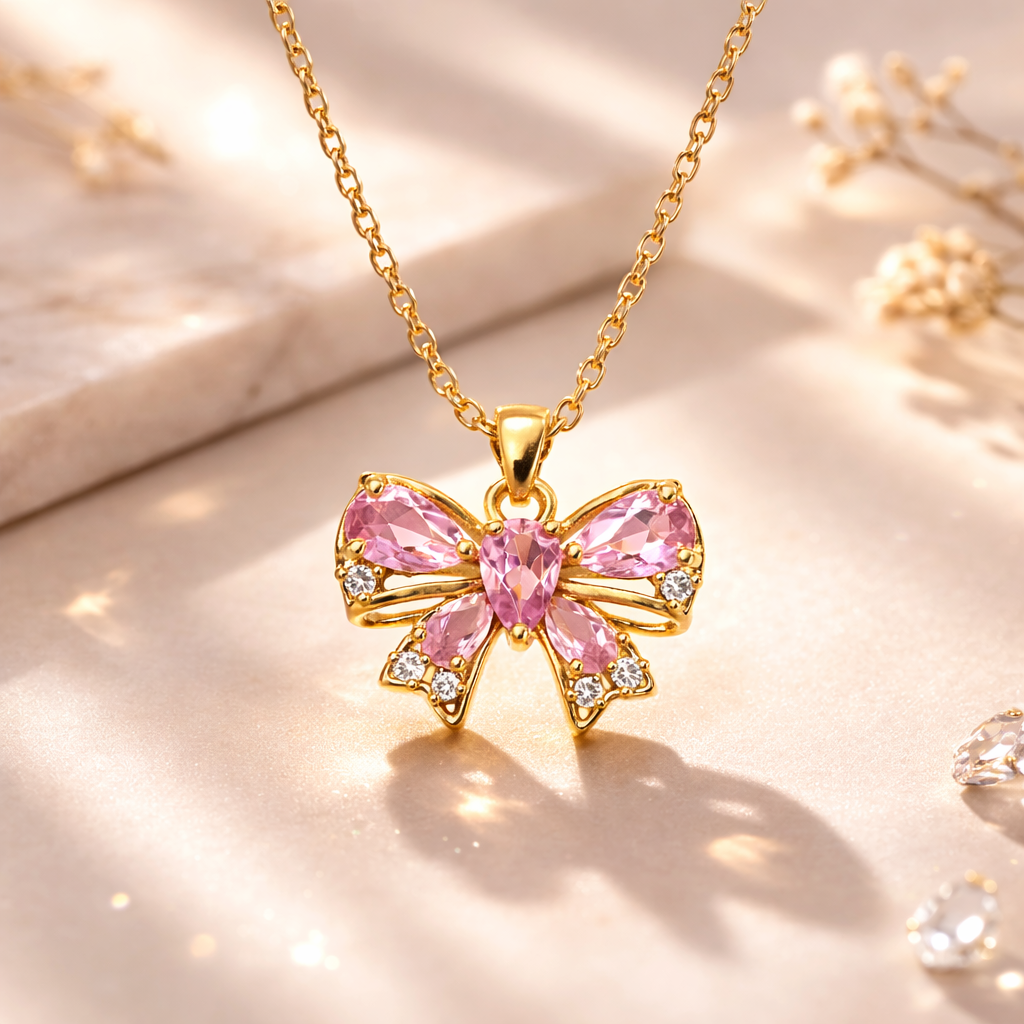 Zariona Pink Crystal Bow Pendant Necklace | Gold-Plated Elegant Designer Pendant for Women