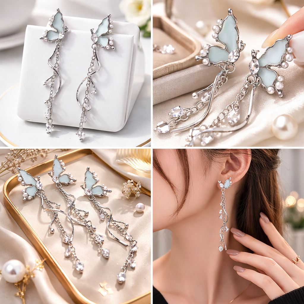 Zariona  Butterfly Crystal Pearl Dangler Earrings – Silver Finish