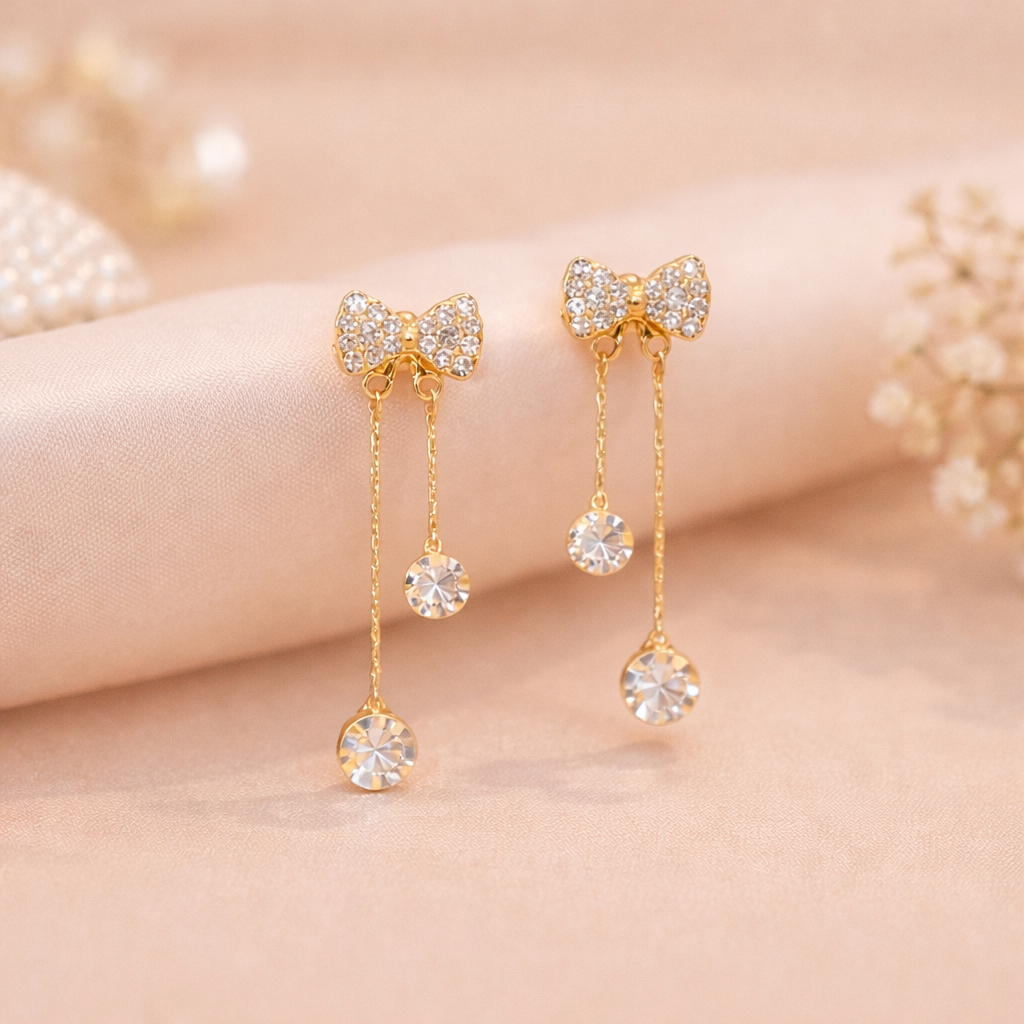 Korean Bow Crystal Drop Earrings – Gold Plated Dangle Design