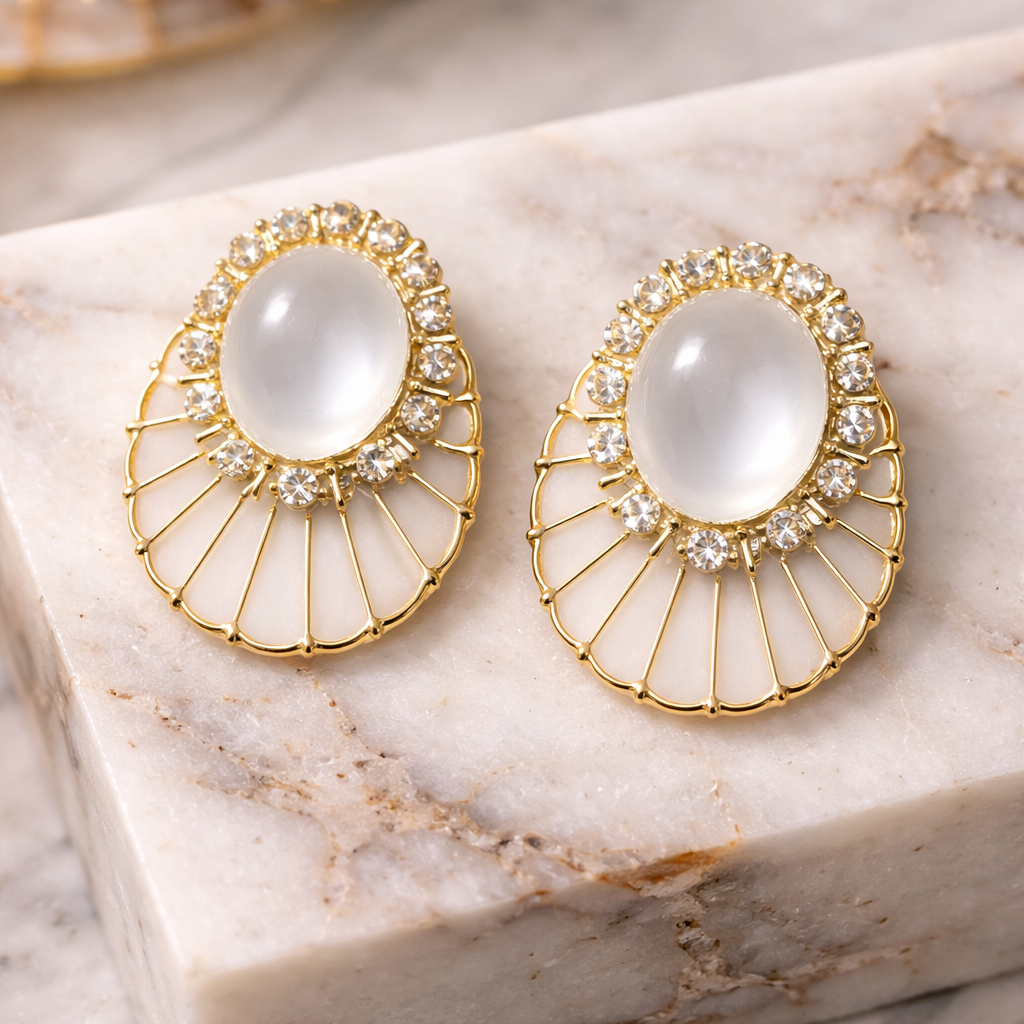 Elegant Moonstone Halo Stud Earrings