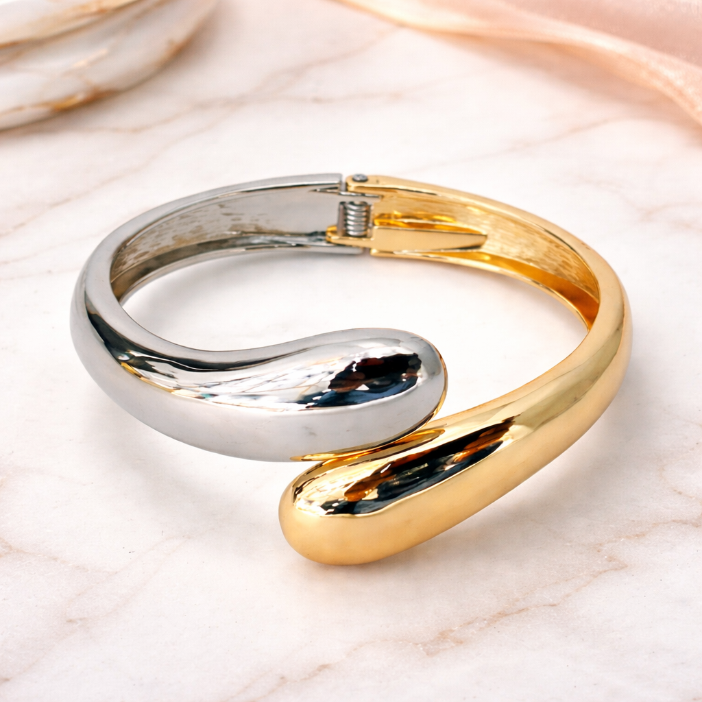Zariona Dual-Tone Sculpted Cuff Bracelet for Women | Gold & Silver Finish | Premium Adjustable Kada (AD)