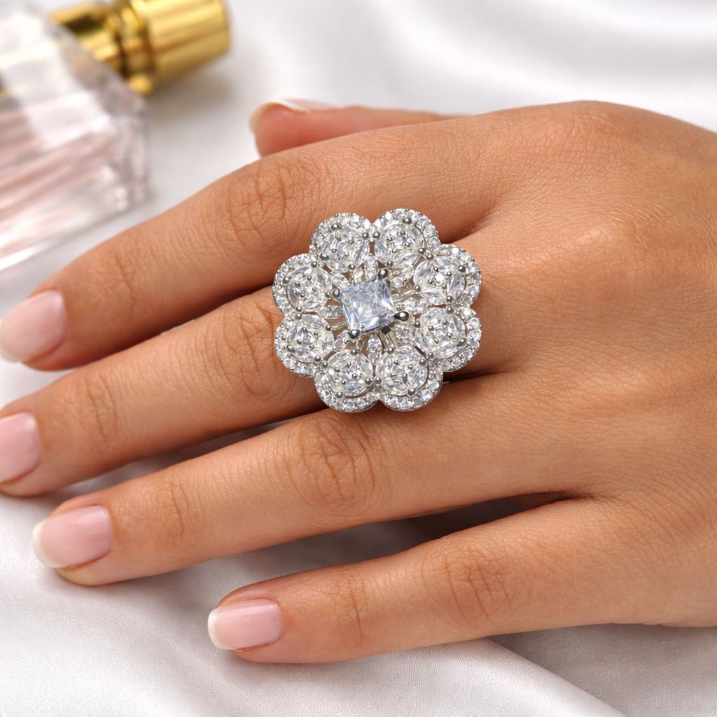 Floral CZ Statement Ring for Women | Adjustable Size (AD)