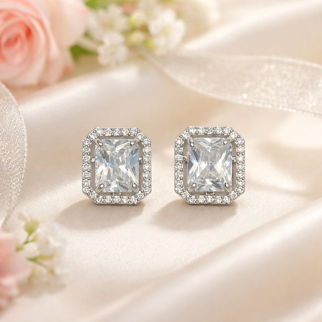 Square Shape Halo Stud Earrings | Premium Diamond Finish (AD
