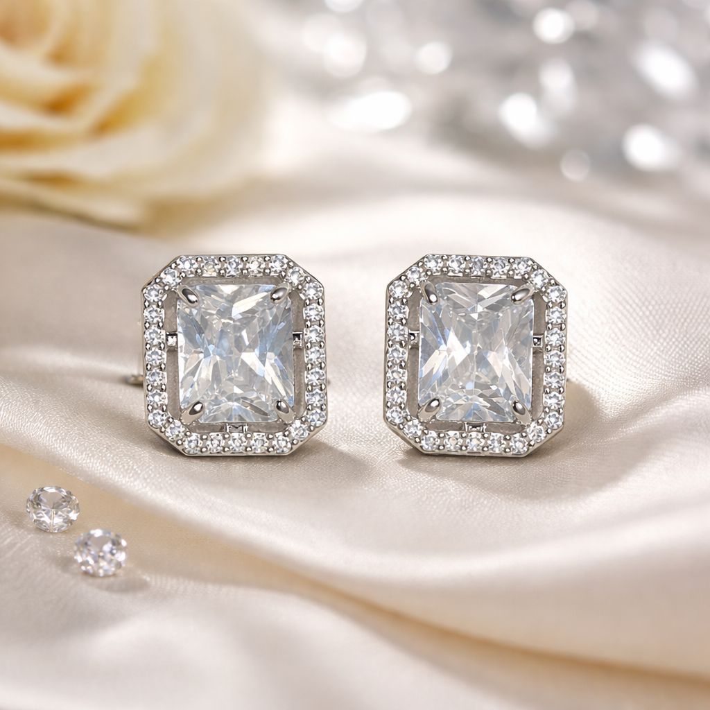 Square Shape Halo Stud Earrings | Premium Diamond Finish (AD