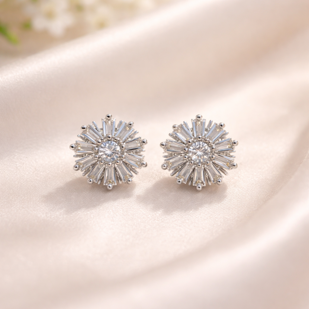 AD White Crystal Starburst Stud Earrings
