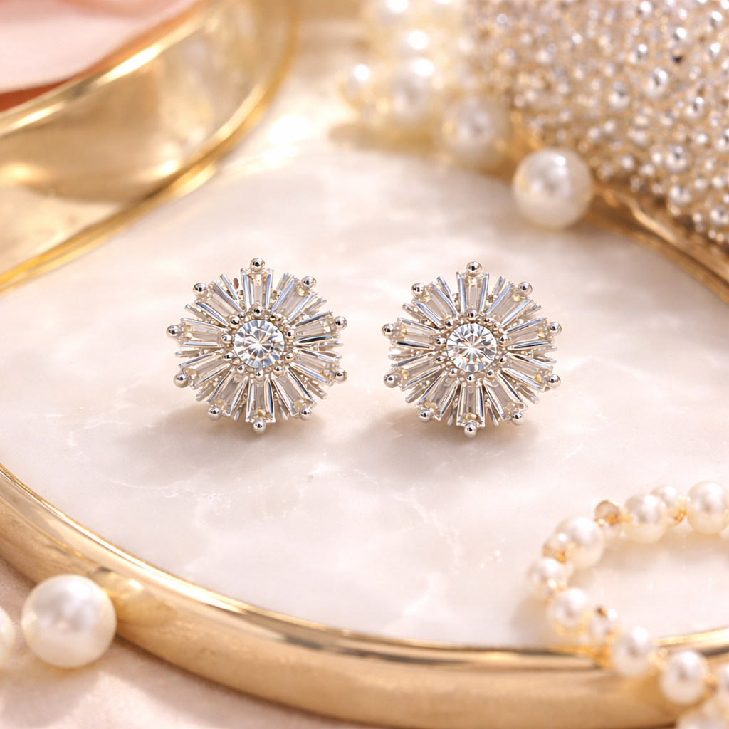 AD White Crystal Starburst Stud Earrings