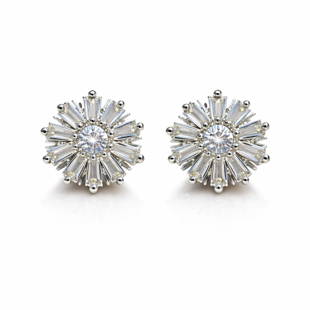 AD White Crystal Starburst Stud Earrings
