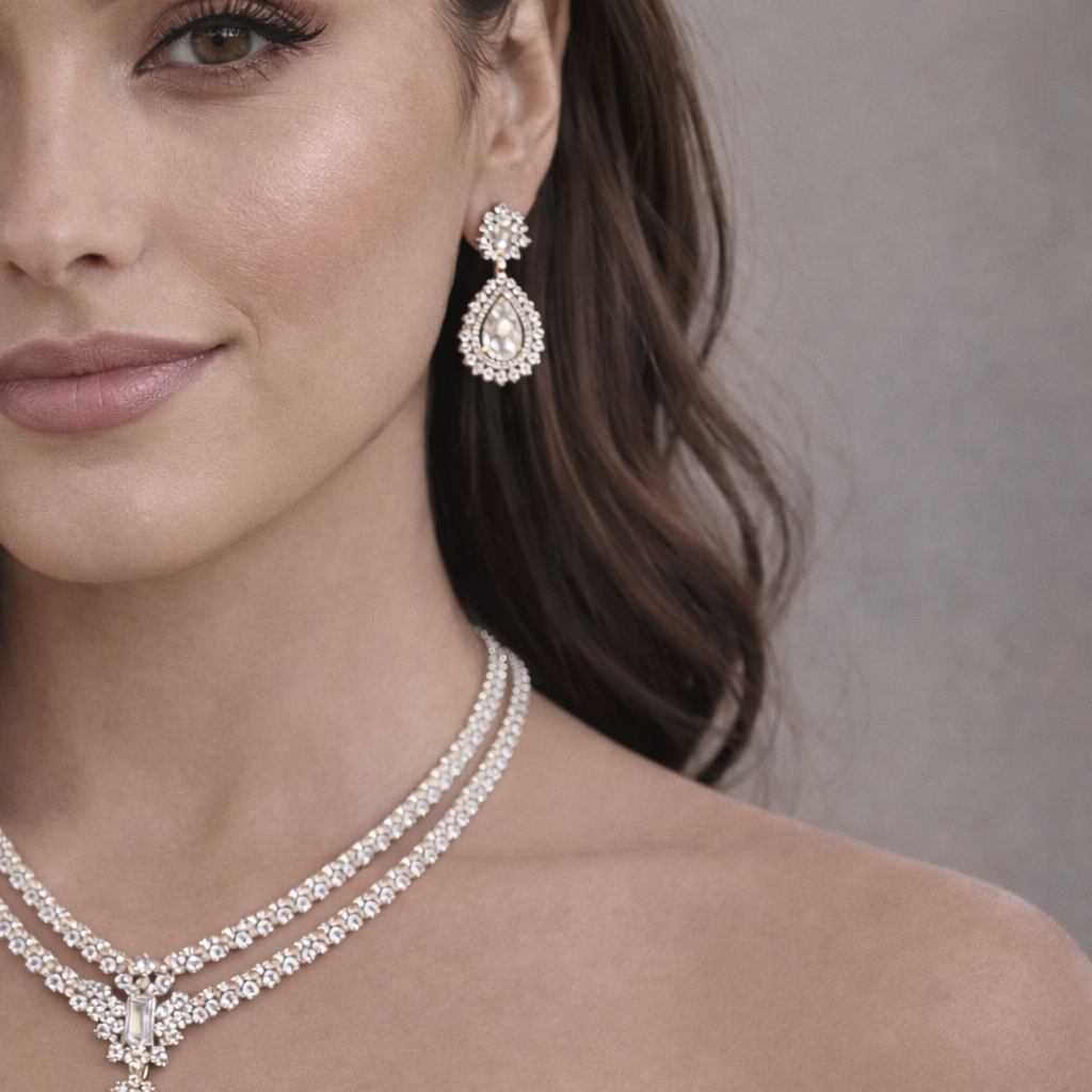 Elegant Double-Chain AD Necklace Set with Teardrop Pendant