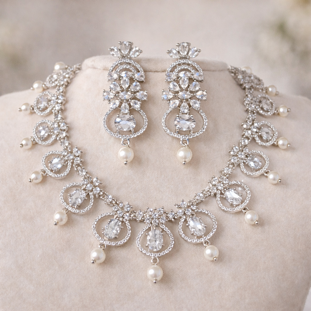 AD White Crystal Pearl Drop Necklace Set with Matching Earrings