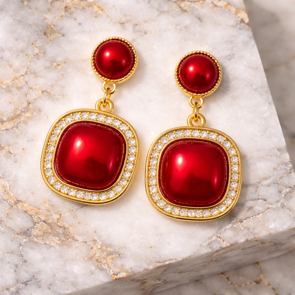 Royal Red Cabochon Gold Drop Earrings