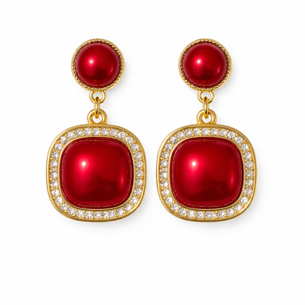 Royal Red Cabochon Gold Drop Earrings