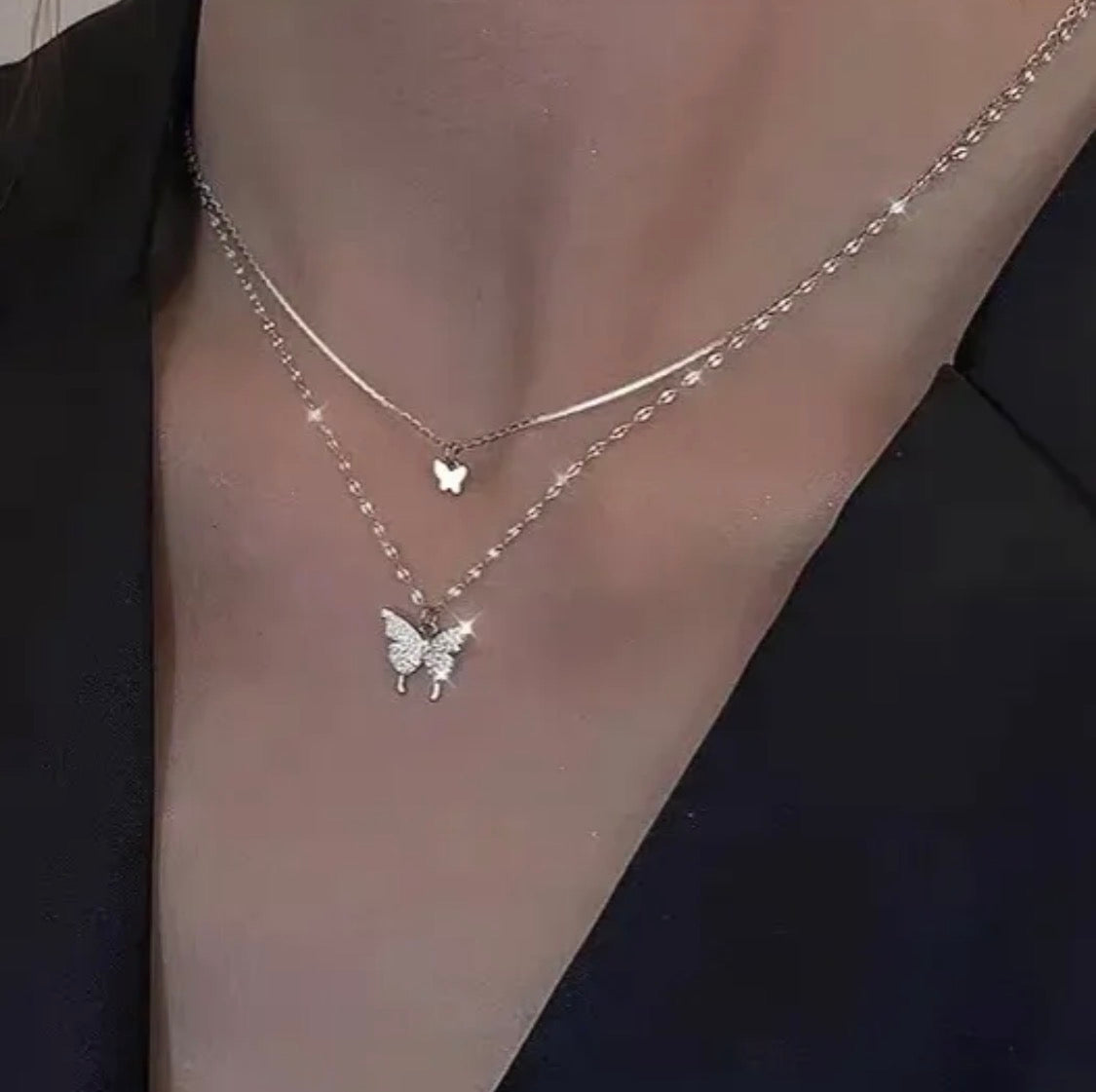 Double Layer Crystal Butterfly Pendant Necklace