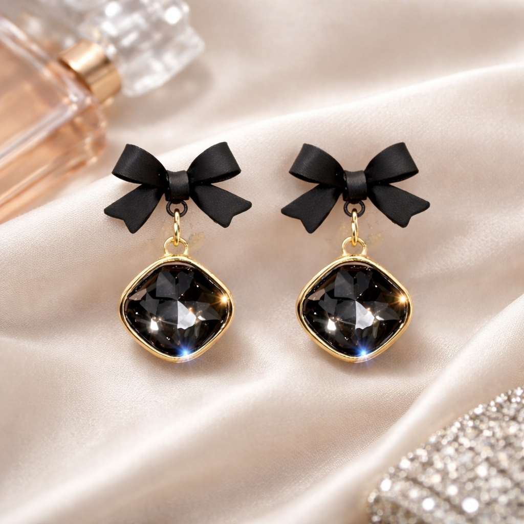 Korean Style Black Bow Crystal Drop Earrings – Minimal Luxury Design