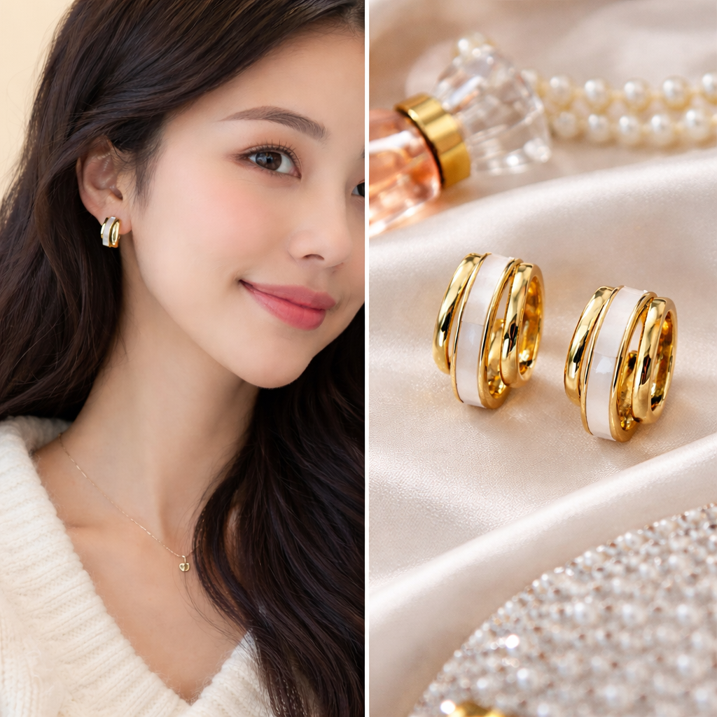 Korean Style Dual-Tone Gold & Pearl Hoop Earrings for Women